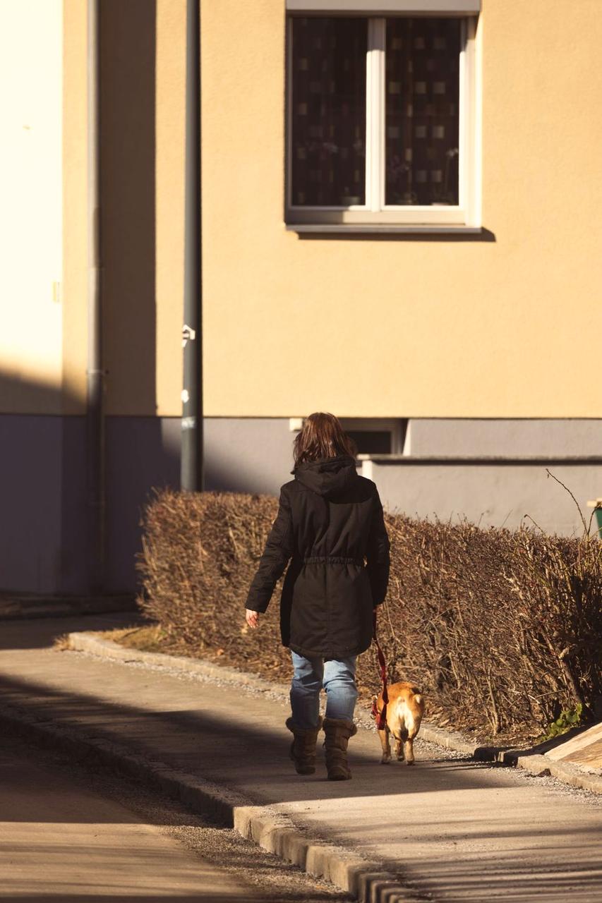 A person walking a small dog beside a sunny building